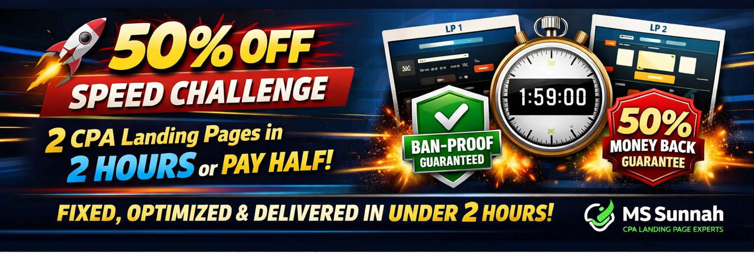 Promotional banner showing MS Sunnah 50% OFF Speed Challenge offering two CPA landing pages in two hours with money-back guarantee