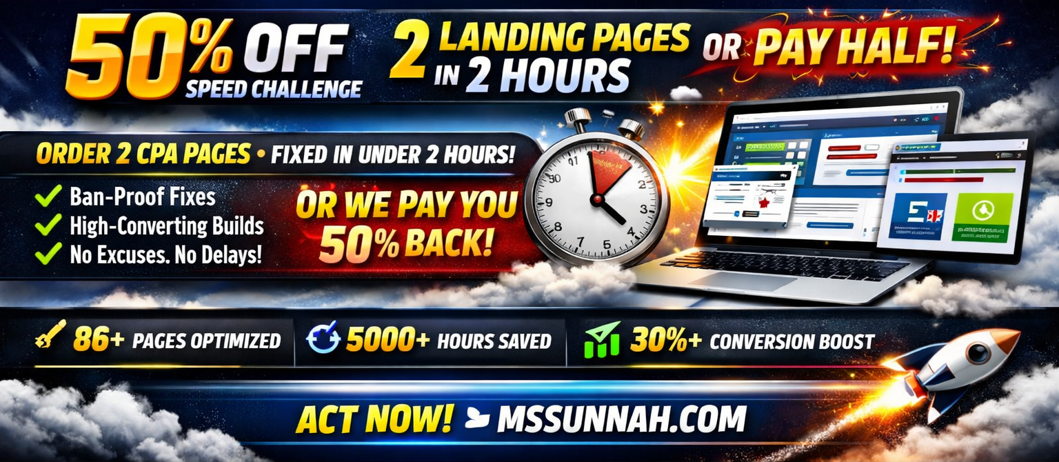 Promotional banner showing MS Sunnah 50% OFF Speed Challenge offering two CPA landing pages in two hours with money-back guarantee